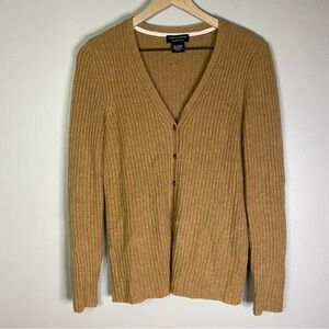 100% Cashmere Cardigan ribbed LORD & TAYLOR tan brown camel neutral Sz Large